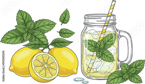 Refreshing Lemon Mint Detox Water Vector Illustration with Glass Jar Fresh Citrus Slices and Herbal Leaves Isolated on White Background
