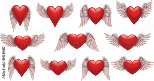 Red Winged Heart Collection with Flying Love Symbols Angel Wings Romantic Valentine Glossy 3D Style Vector Illustration Set