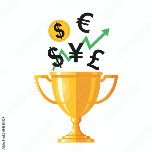 A golden trophy overflowing with currency symbols and a green upward trend arrow