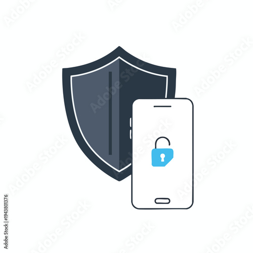 Digital shield protects mobile device with unlocked padlock icon