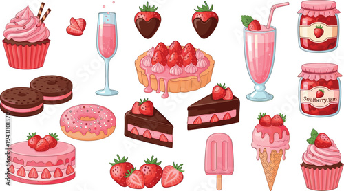 Strawberry Dessert Collection Vector Set Featuring Cakes, Cupcakes, Ice Cream, Milkshake, Donuts and Sweet Bakery Illustrations Isolated on White Background