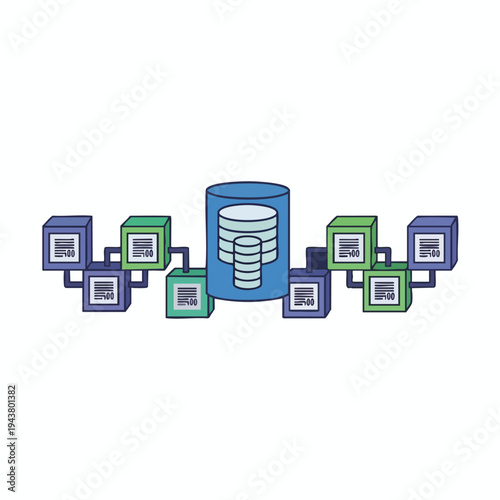 Central data hub connected to surrounding cube nodes with text
