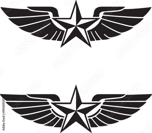 Two distinct military aviation insignia featuring star and wings motifs