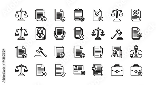 Collection of legal and justice icons featuring scales, gavel, documents, and courthouse symbols for graphic resources.