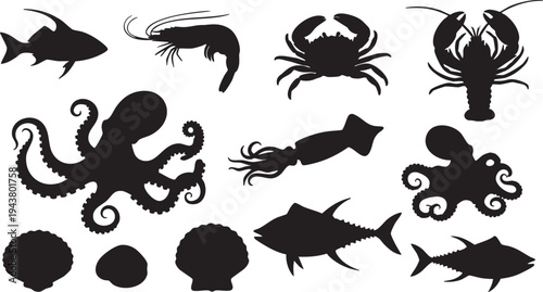 Black silhouettes of various sea creatures on white background ocean animals