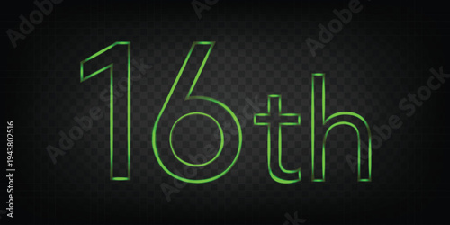 Luminous neon green 16th number with outline glow effect on dark black carbon fiber mesh, sixteenth anniversary celebration or milestone concept