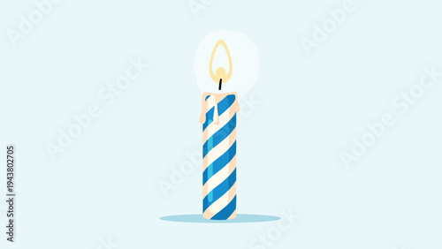 Blue and white striped birthday candle burns with a bright yellow flame against a soft light blue background for celebrations.