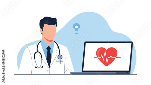 Professional doctor in a white coat stands next to a laptop displaying a red heart and pulse line for online healthcare.