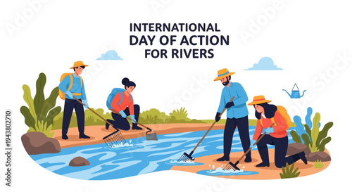 Illustration of people cleaning a riverbank on International Day of Action for Rivers with a focus on river conservation and protection.