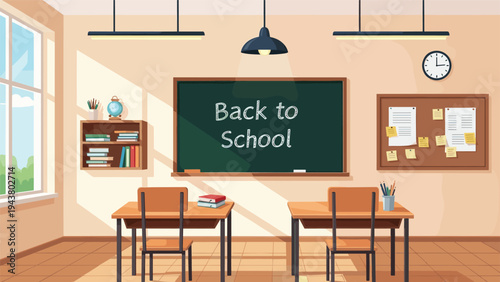 Empty modern classroom interior features desks, a chalkboard with back to school text, and a notice board with paper notes.