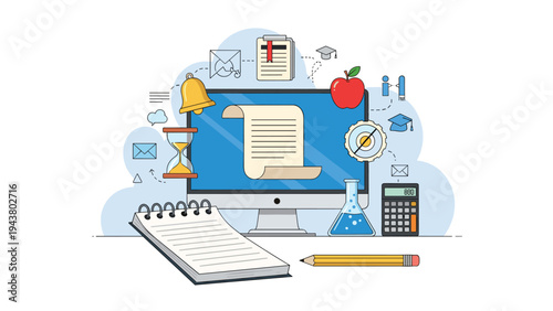 Online education and e-learning icons include a computer screen, a notebook with a pencil, a lightbulb, and science tools.