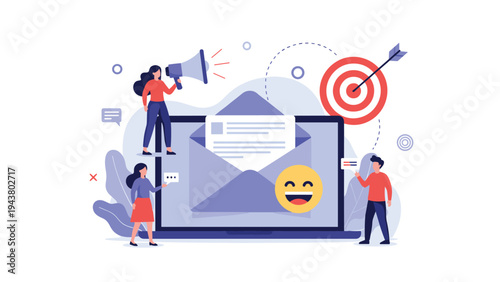 Digital marketing concept illustration shows people collaborating around a large laptop with email and megaphone icons.