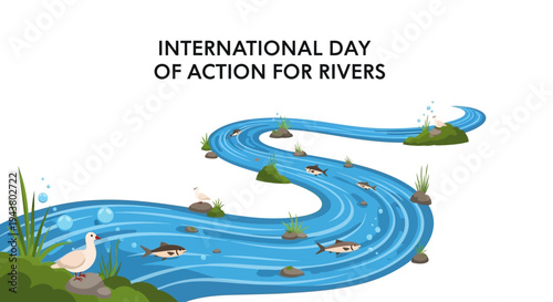 Illustration of a winding river with fish and a swan for International Day of Action for Rivers promoting river conservation and freshwater protection.