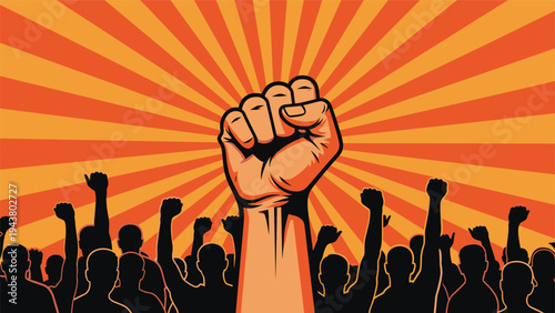 Strong raised fist emerges from a crowd of protesters against an orange sunburst background symbolizing unity and power.