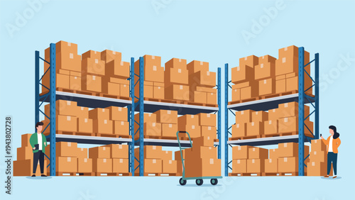 Organized warehouse interior shows tall storage racks filled with boxes while workers manage inventory using a mobile device.