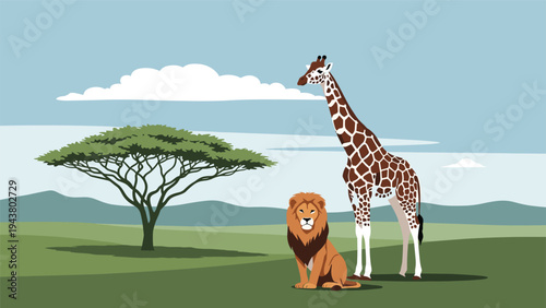 African savanna landscape features a majestic lion sitting peacefully next to a tall giraffe under a broad acacia tree.