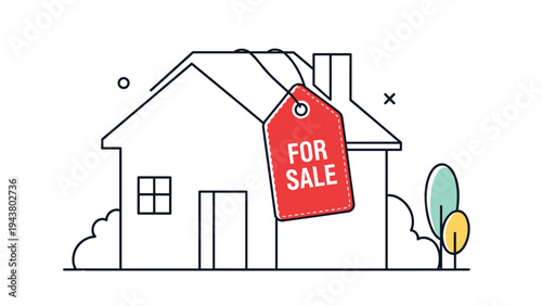 Simple line drawing of a residential house features a prominent red for sale tag hanging from the roof to show availability.