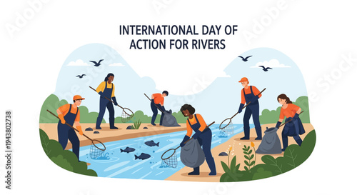 Illustration of people cleaning a riverbank on International Day of Action for Rivers with a focus on river conservation and freshwater protection.