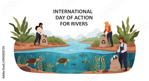 Illustration of people protecting river ecosystem on International Day of Action for Rivers with freshwater conservation concept.