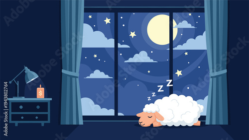 Cute white sheep sleeps peacefully in a dark room next to a window showing a full moon and starry night sky background.