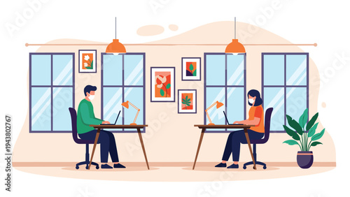 Coworkers wearing face masks work at separate desks with laptops in a spacious office to promote a healthy environment.