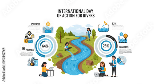 Illustration of people engaging in river conservation activities on International Day of Action for Rivers with a focus on freshwater protection and ecosystem conservation.