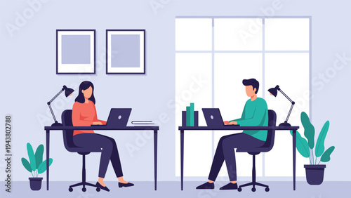 Two professional colleagues work on their laptops at separate desks in a modern office with indoor plants and paintings.