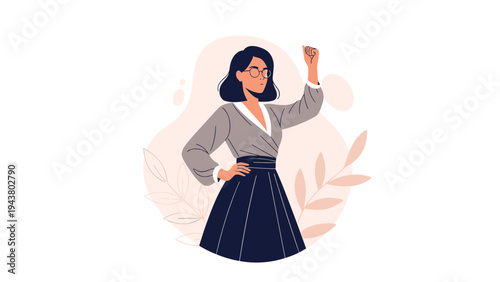 Empowered woman with glasses and short hair raises her fist in a gesture of strength and determination in this illustration.