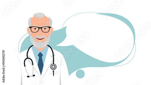 Senior male doctor wearing a white lab coat and stethoscope smiles beside a large empty speech bubble for medical advice.