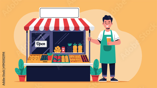 Cheerful market vendor in a green apron holds a coffee cup next to his fruit and vegetable stall with a hanging open sign.