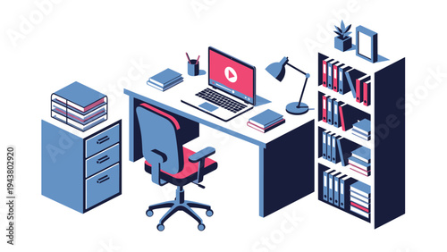 Neat isometric home office workspace includes a desk with a laptop, filing cabinet, and a full bookshelf against a white background.