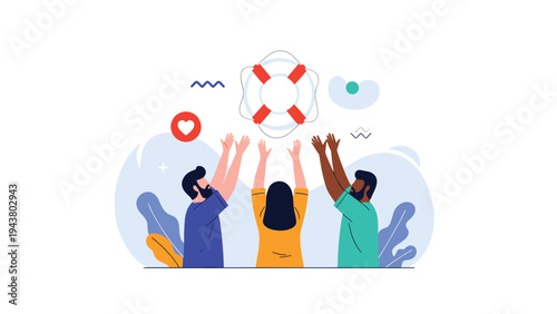 Group of diverse people raises their hands towards a lifebuoy ring symbol, representing mutual support, help, and rescue.