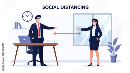 Two office employees wearing masks maintain social distancing while working, indicated by a double-headed arrow symbol.