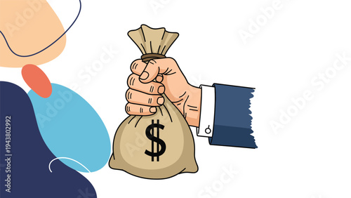 Close-up of a hand in a formal blue suit sleeve holding a large brown sack of money with a printed dollar sign.