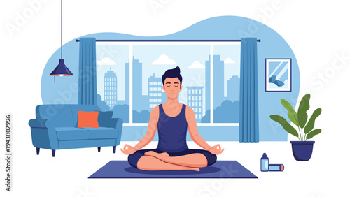 Young man practices yoga and meditation in a lotus pose within a bright modern living room with a city view through the window.