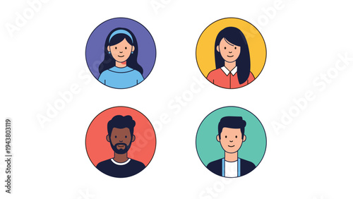 Four diverse people avatars in colorful circles show two men and two women of various ethnic backgrounds and styles.