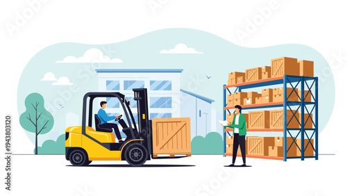 Forklift driver moves a wooden pallet crate in a warehouse yard while a manager reviews an inventory checklist nearby.