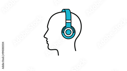 Side profile silhouette of a human head wearing bright blue over-ear headphones representing music, audio, or podcast listening.