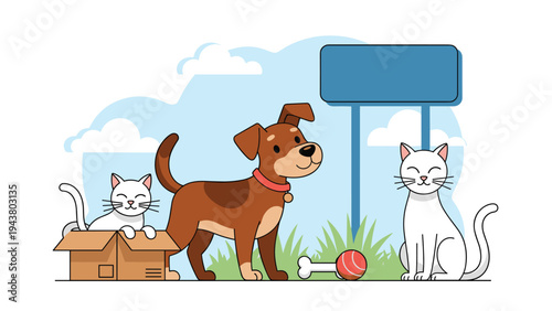Small dog and two white cats play together in the grass with a toy bone and ball near a blank blue sign.