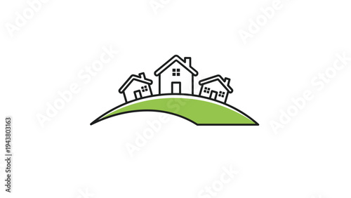Simple illustration featuring three houses sitting on top of a green curved hill representing a suburban neighborhood or community.