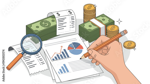 Professional hand holding a pencil to analyze financial charts and graphs with stacks of cash and a magnifying glass nearby.
