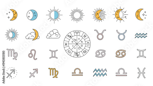 Large collection of colorful celestial and zodiac symbols including sun, moon, stars, and astrological signs on a white background.