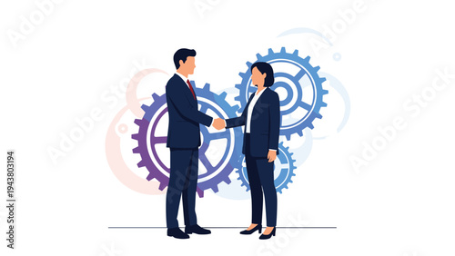 Business man and woman in suits shaking hands to seal a deal in front of large interlocking gears representing collaboration.