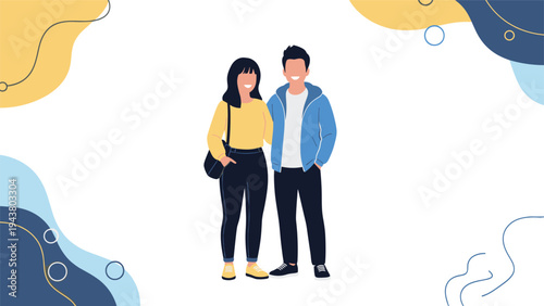 Happy young man and woman in casual clothes standing together and smiling against a colorful abstract background.