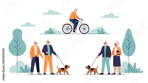 Group of active senior citizens enjoying outdoor activities such as walking their dogs and cycling in a green park.