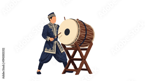 Man in dark blue traditional ethnic clothing playing a large wooden drum on a stand with beaters.