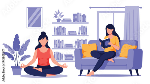 Two women relaxing in a cozy living room with one person practicing yoga and another reading a book on a sofa for mental wellness and peace.