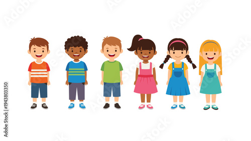 Row of six diverse and happy young children standing together and smiling in various colorful clothes and hairstyles.