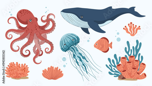 Large group of colorful marine animals including a whale, octopus, jellyfish, and various fish swimming near coral reefs.