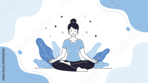 Peaceful woman sitting in a yoga pose practicing mindfulness against a soft blue abstract background with plant shapes.